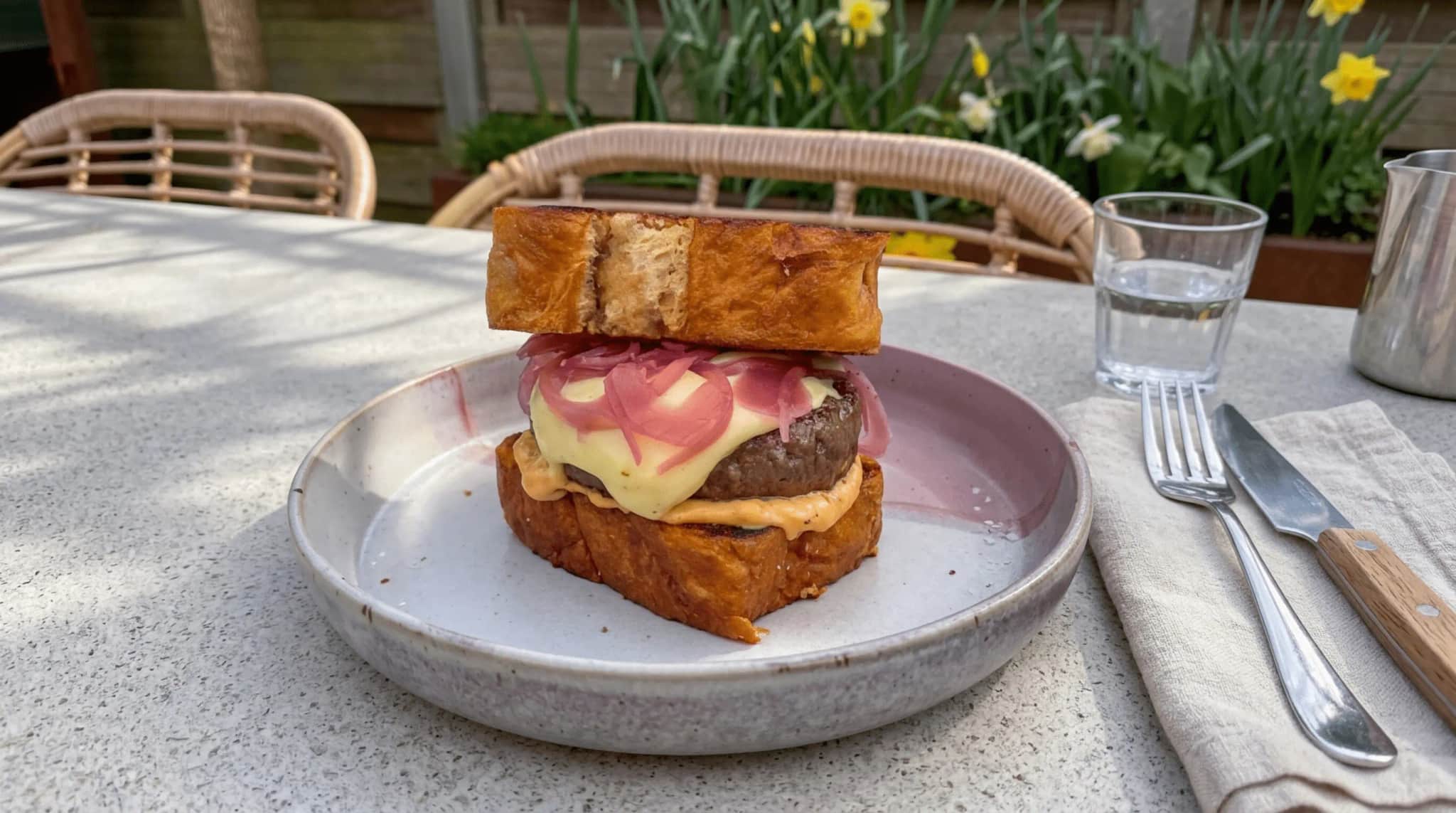 Suikerbrood burger met spicy mayo & ingelegde uitjes