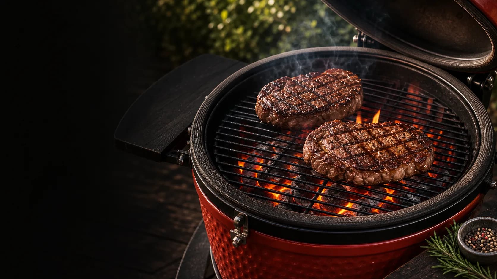 Parrilla directa y sellado sobre brasas calientes en una kamado roja