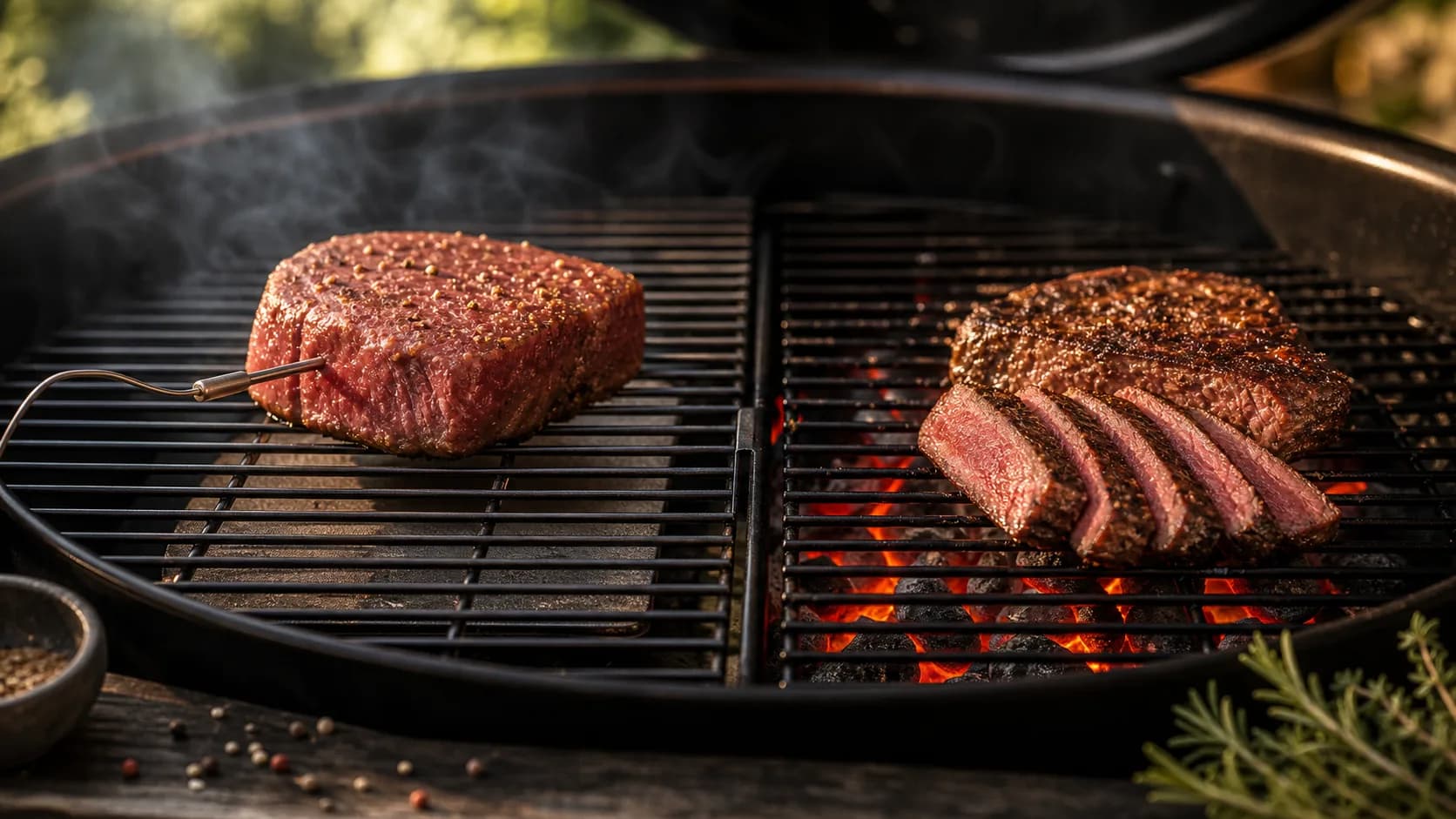 Reverse sear steak on the BBQ with indirect heat, thermometer probe and hot sear zone