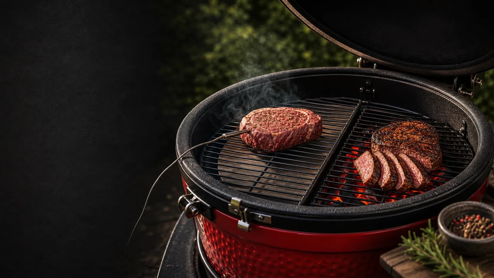 Steak reverse sear en una kamado roja con calor indirecto, termómetro y zona de sellado