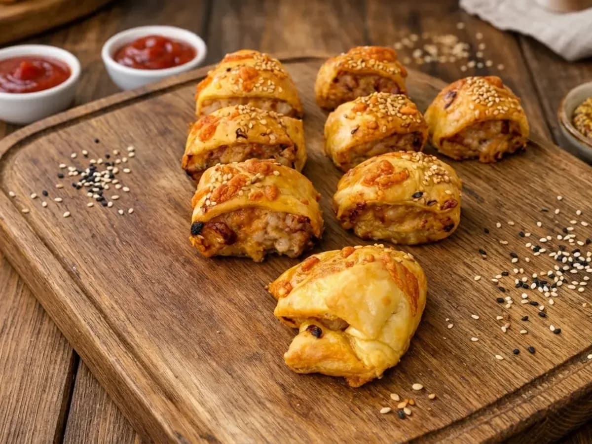 Crispy puff-pastry chicken bites with cheddar, sesame and gochujang