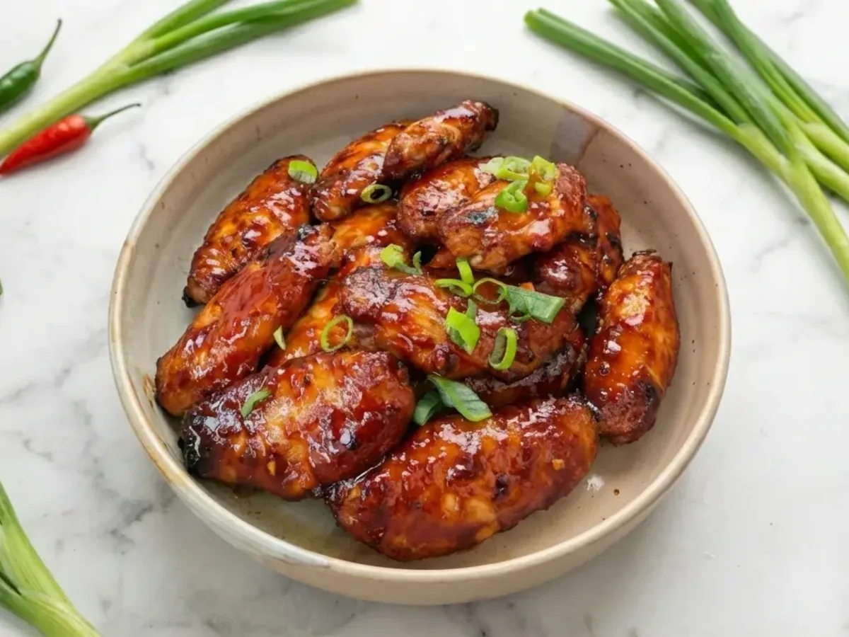 Korean sticky gochujang chicken with sesame and spring onion in a bowl