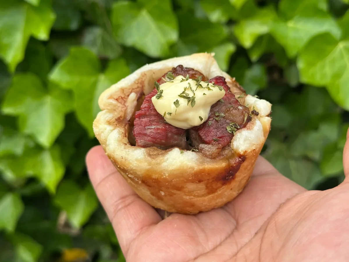 Mini Beef Wellington with pink beef, mushroom duxelles and herb butter