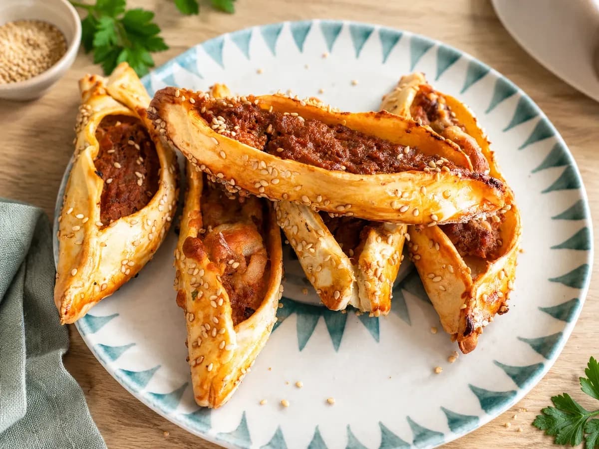 Mini Turkish pide with seasoned ground beef and sesame seeds on a plate