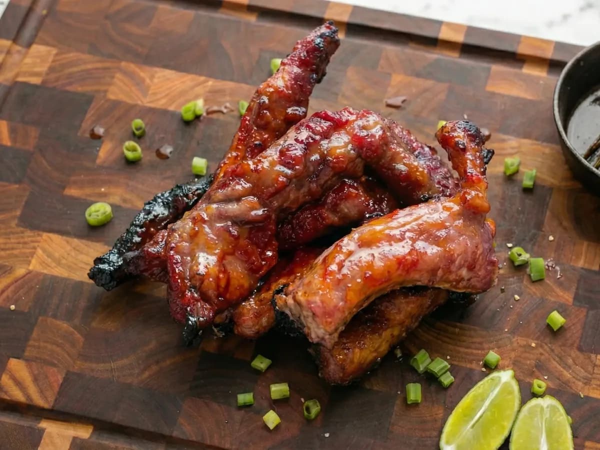 Sticky Iberico rib fingers with honey-ginger glaze, spring onion and lime