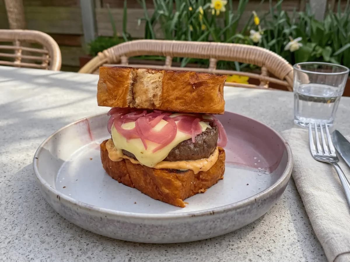 Zuckerbrot-Smashburger mit geschmolzenem Käse, Spicy Mayo und eingelegter Zwiebel