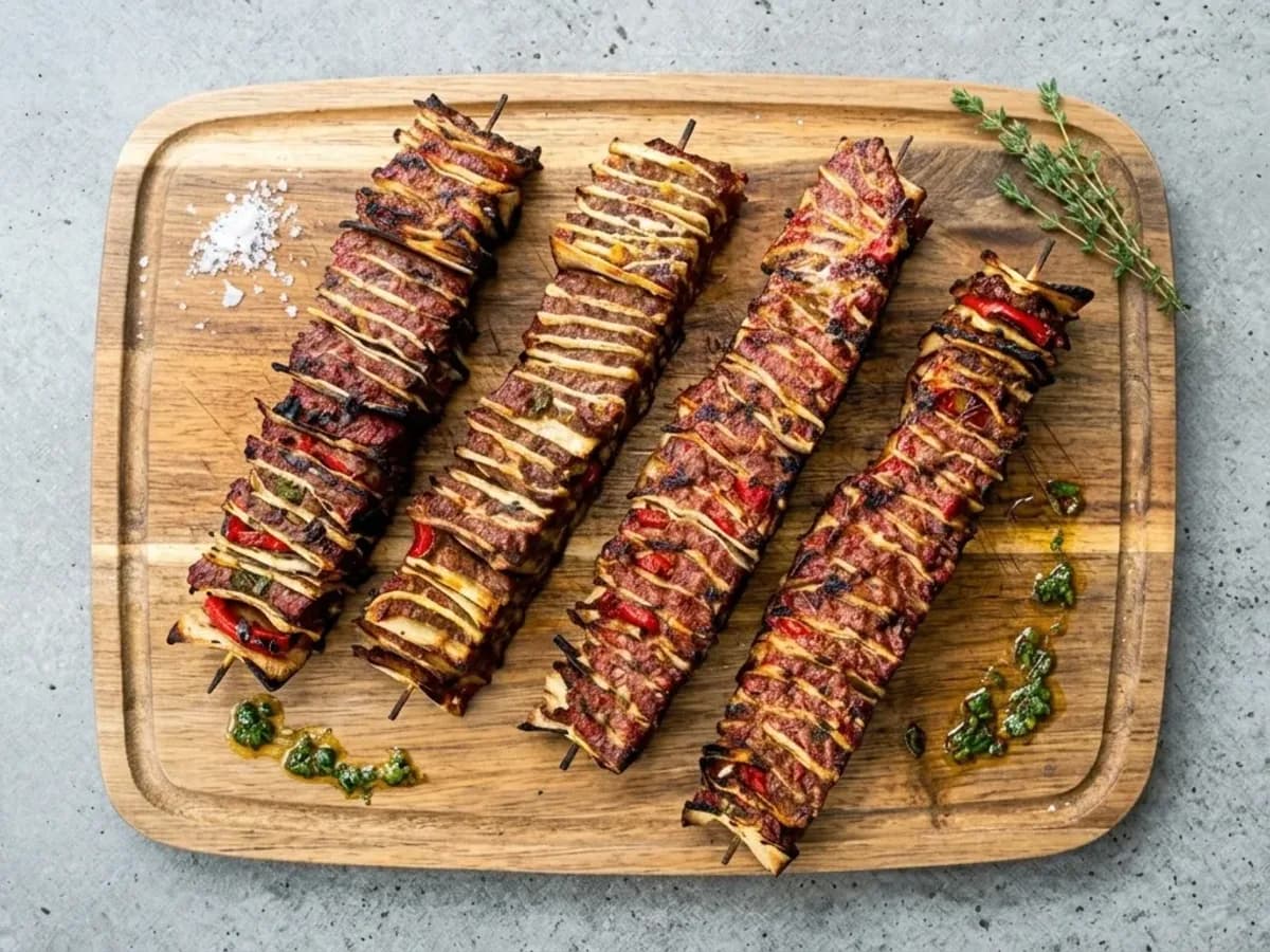 Tortilla kebab skewers with layers of seasoned beef and crisp wraps
