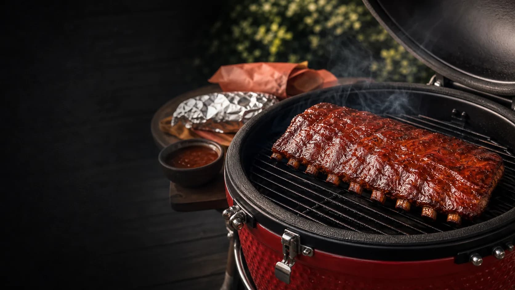 Ribs 3-2-1 en una kamado roja con humo, papel y glaseado
