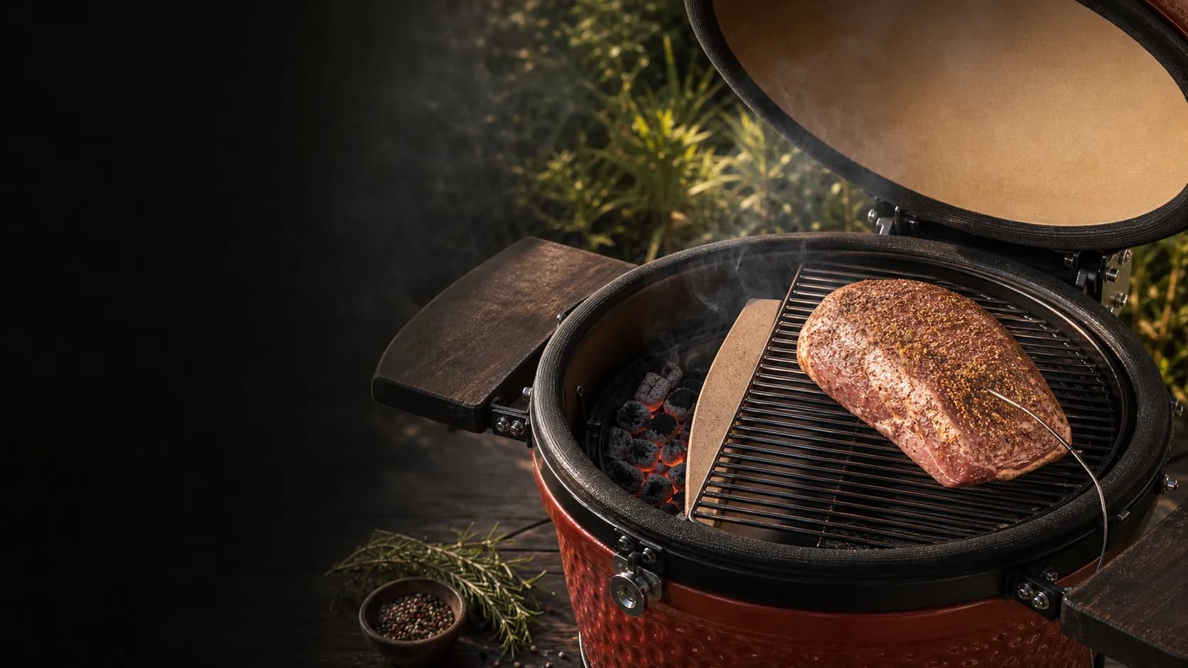 Cocción indirecta en una kamado roja con dos zonas y termómetro
