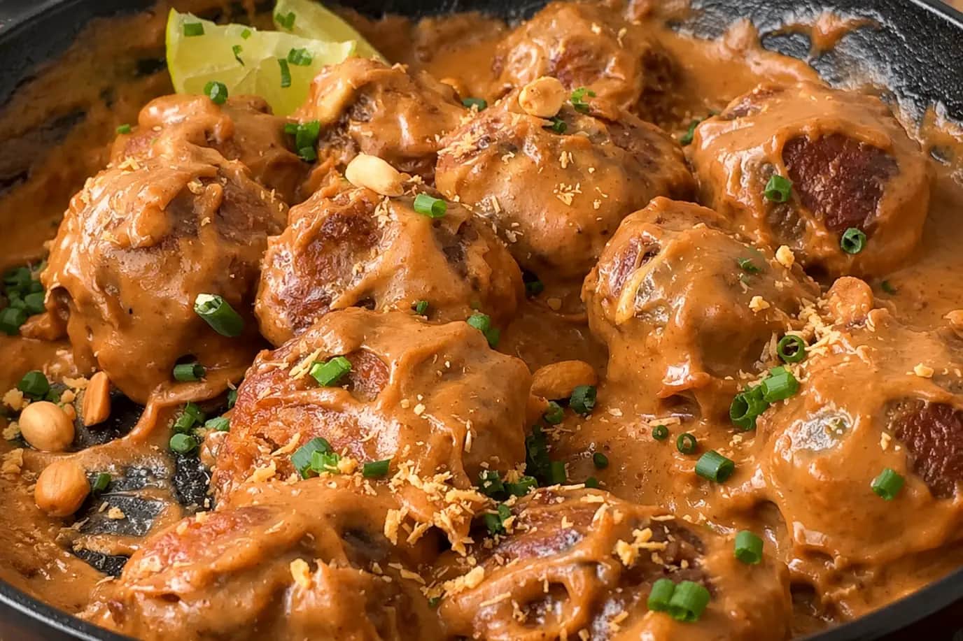 Indonesian satay chicken meatballs in creamy peanut sauce with spring onion, peanuts and lime