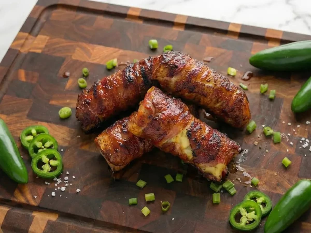 BBQ lasagna rolls with crisp bacon, ground meat, cheese and jalapeño